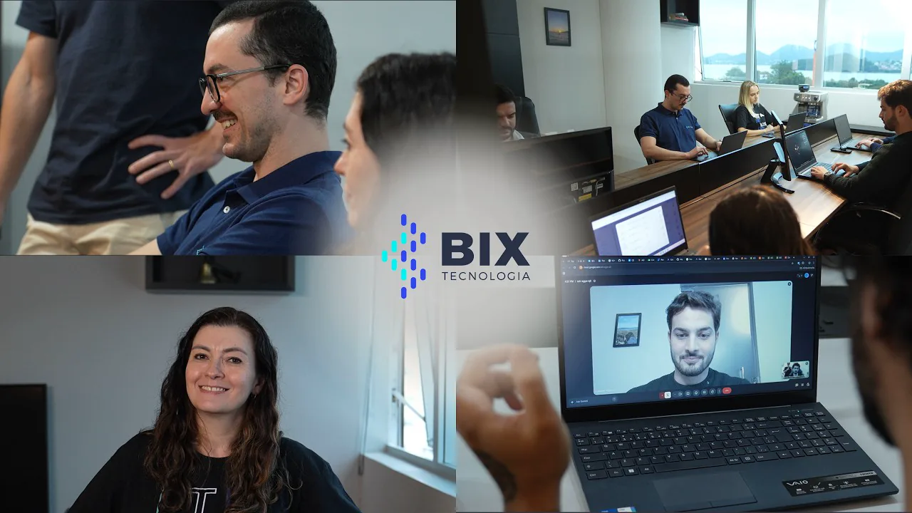 Colagem com quatro fotos do time da BIX Tecnologia trabalhando e a logo da BIX ao centro