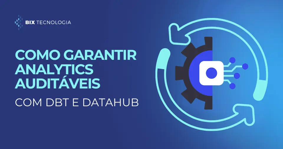 Imagem com fundo azul e texto em destaque sobre automação de documentação e auditoria em Analytics, destacando o uso de dbt e DataHub para garantir dados confiáveis e prontos para auditoria.