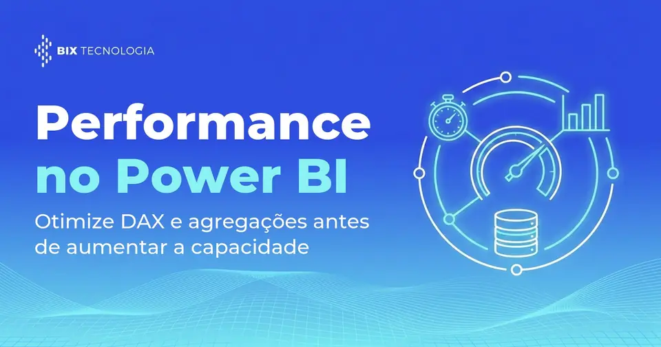 Ilustração line-art de um velocímetro, cronômetro, gráfico de barras e cilindro de banco de dados em órbita, representando a performance do Power BI