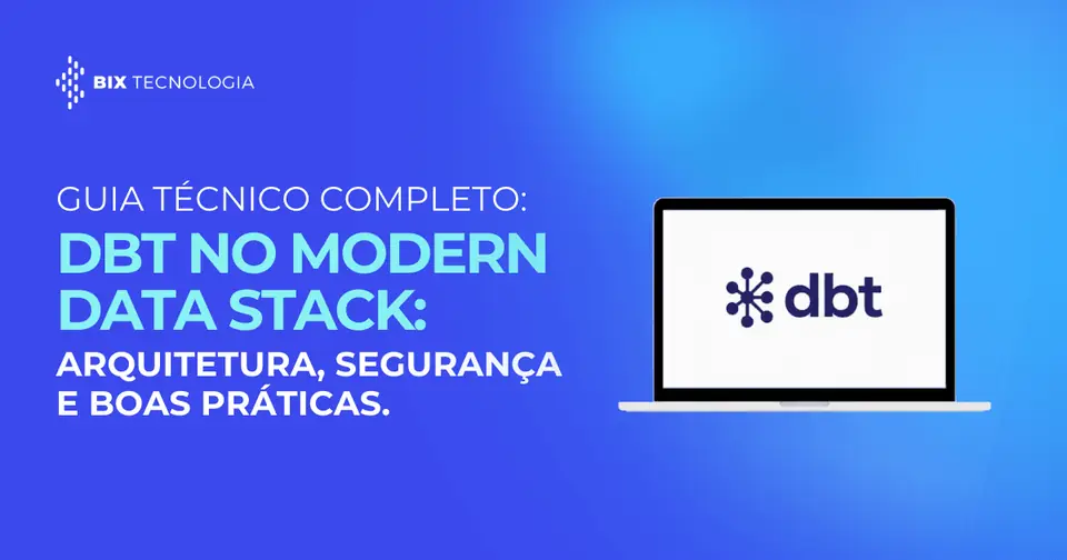 Mockup de um laptop aberto exibindo o logotipo do dbt na tela, posicionado sobre um fundo azul gradiente com a logomarca da BIX Tecnologia.